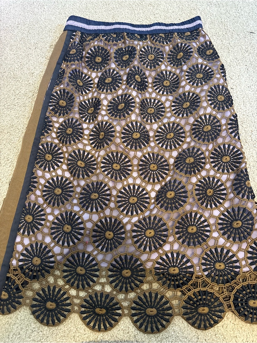 Current Air Anthropology Navy and Camel Floral Lace Pencil Skirt